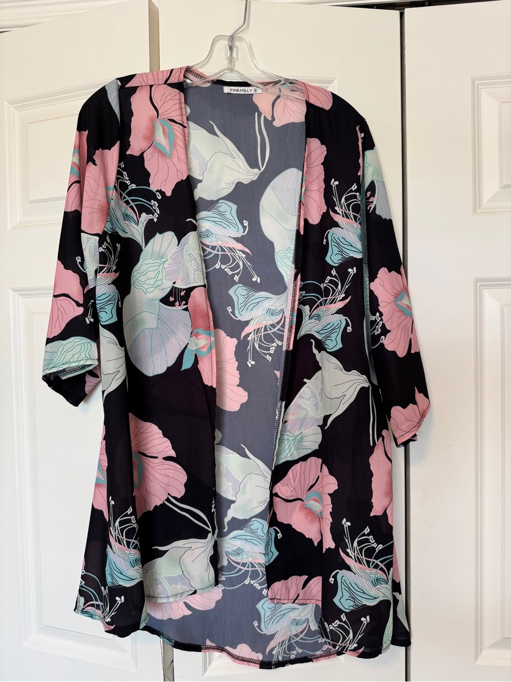 Pink Milly Black Floral Kimono Cardigan with Pink & Mint Blooms